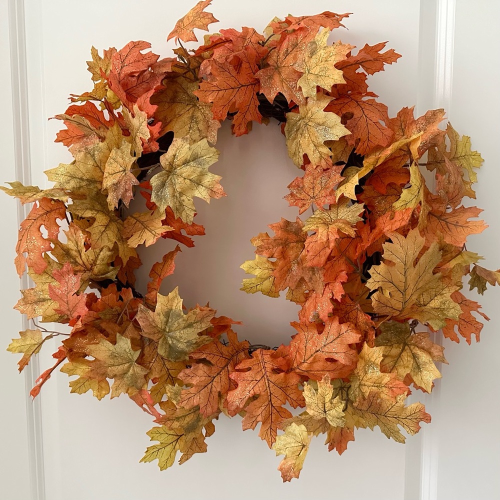 Fall Orange & Yellow Oak & Maple Leaf Wreath with Shimmer Effect- Harvest Decor